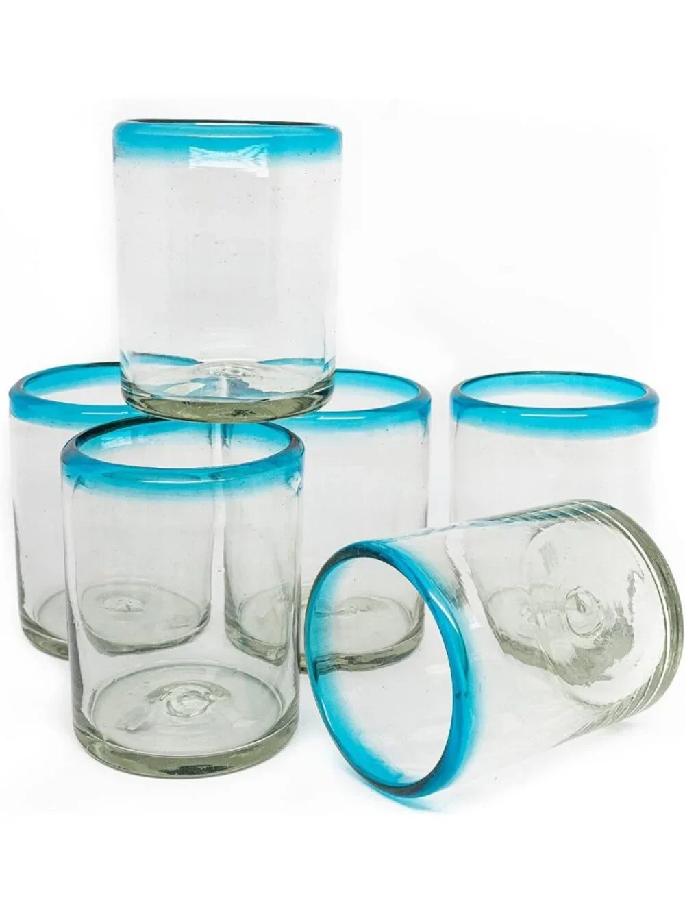 Rustic Hand-Blown Aquamarine Rim Tumblers - Set of 6 Recycled Bubble Glasses